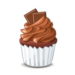Hand drawn chocolate cupcake with cacao cream, cartoon colorful food sketches, isolated on white background. Vector illustration.