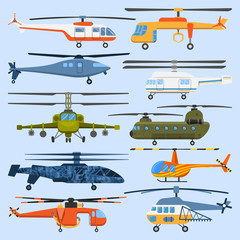 Helicopter air transport propeller aerial vehicle flying modern aviation military civil copter aircraft vector illustration flat design.
