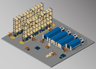 Vector isometric illustration of interior of warehouse and unloading of delivery vehicles. Equipment for cargo delivery.