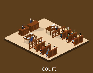 Isometric 3D vector illustration concept the judge conducts the trial.