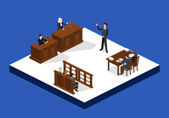 Isometric 3D vector illustration concept the judge conducts the trial.