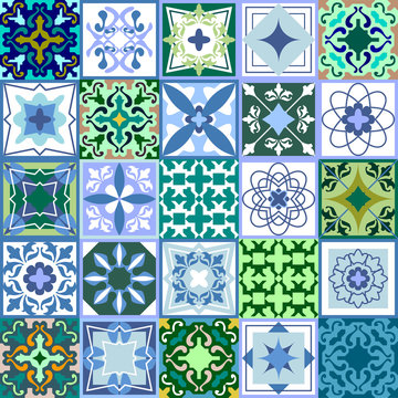 Set of green ceramic tiles. Glazed ceramic mosaic with Moroccan, Spanish, Portuguese motifs.