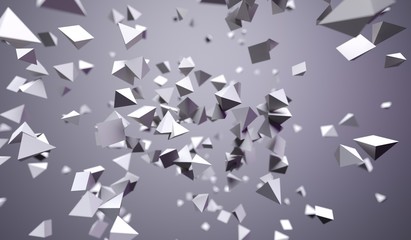 3D Rendering Of Abstract Flying Chaotic Pyramids On Grey Background