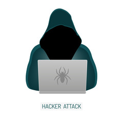 Anonymous computer hacker in the hood stealing information with laptop. Illustration isolated on white background.