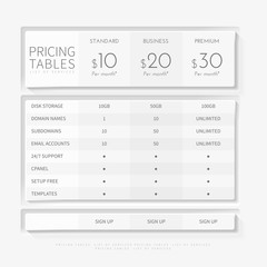Pricing plan comparison set for commercial business web services and applications. Pricing tables chart interface for website, banners, hosting, ui, ux, mobile app.