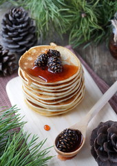 Pancakes with jam from pine cones