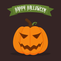 Halloween pumpkin with happy face on dark background. Vector cartoon Illustration.