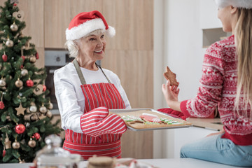 Kind senior woman treating granddaughter by Christmas cookies