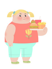 Fat girl holding fast food snacks tray