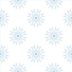 Seamless pattern with blue snowflakes. Treble clef as details of snowflake ornaments. Musical snowfall. Festive print for design, Christmas, New year decor, home decoration, wrapping paper, fabric.
