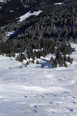 Skieurs sur les pistes. Massif du Mont-Blanc.