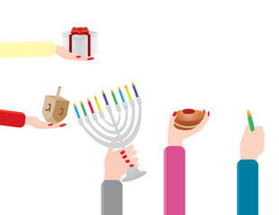Vector women hands set with hanukka elements