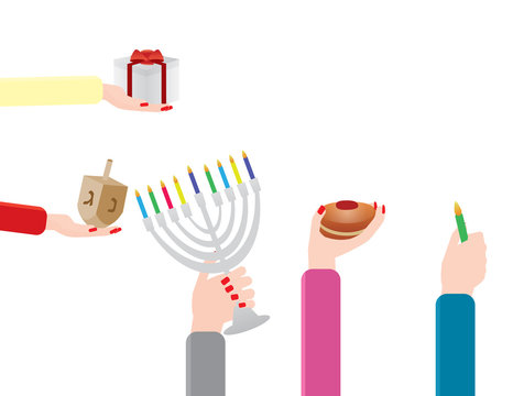 Vector women hands set with hanukka elements
