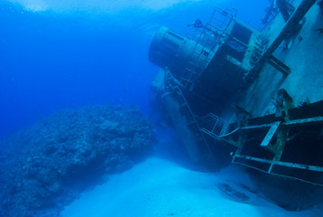 Fototapeta na wymiar The wreck of the USS Kittiwake has been toppled over by the recent hurricane Nate. The popular dive and snorkel attraction now lies on its side