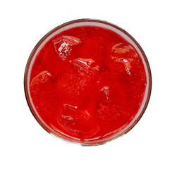 Top view a glass of red Italian soda with ice cubes isolated on white background. Homemade refreshment cold summer soft drink. Clipping path.