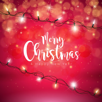 Vector Merry Christmas Illustration on Shiny Red Background with Typography and Holiday Light Garland. Happy New Year Design.