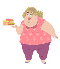 Fat lady with fast food tray