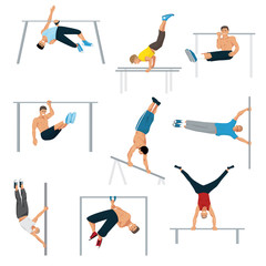 Fototapeta na wymiar Horizontal bar chin-up strong athlete man gym exercise street workout tricks muscular fitness sport pulling up character vector illustration.