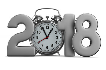 2018 year and alarm clock on white background. Isolated 3D render