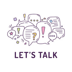 Vector illustration of colorful dialog speech bubbles with icons and text let s talk on white background. Safety communication technology concept. Thin line art flat design of mobile technology