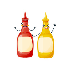 Dishes from fast food. Funny bottles with ketchup and mustard.