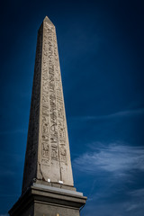 Egyptian Luxor obelisk with hieroglyphics. Place de la Concorde. Paris, France.