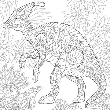 Coloring page of hadrosaur dinosaur of the middle to late Cretaceous period. Freehand sketch drawing for adult antistress coloring book in zentangle style.