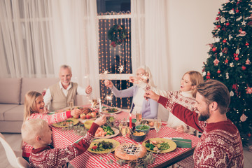 X mas miracle, holy spirit! Six cheerful relatives sit and celebrate christmastime with setted festive desktop, tasty food, traditional x mas costumes, pine firtree, interior, illuminated windows