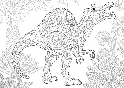 Coloring page of spinosaurus dinosaur of the middle Cretaceous period. Freehand sketch drawing for adult antistress coloring book in zentangle style.