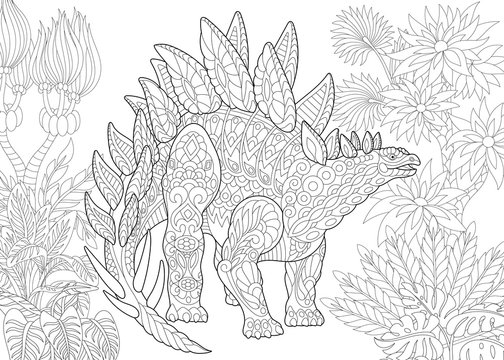 Coloring page of stegosaurus dinosaur of the Jurassic and early Cretaceous periods. Freehand sketch drawing for adult antistress coloring book in zentangle style.