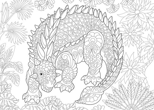 Coloring page of ankylosaurus dinosaur of the Cretaceous period. Freehand sketch drawing for adult antistress coloring book in zentangle style.