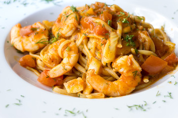 Pasta with Shrimp Dinner Dish on a the table