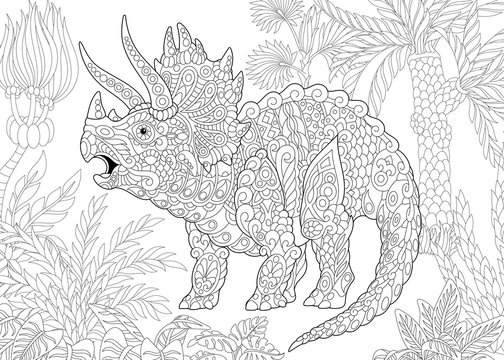 Coloring page of triceratops dinosaur living at the end of the Cretaceous period. Freehand sketch drawing for adult antistress coloring book in zentangle style.