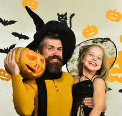 Fototapeta premium Girl and bearded man with smiling faces on white background