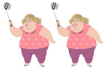 Fat lady taking a selfie with selfie stick
