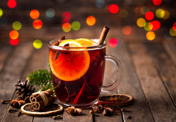 Hot mulled wine with cinnamon and star anise