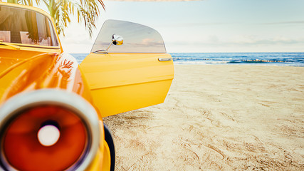 Classic yellow car parked by the sea. 3d rendering and illustration.