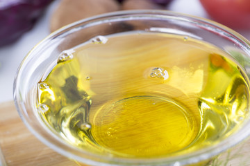 Olive oil and fresh vegetables. Healthy lifestyle.