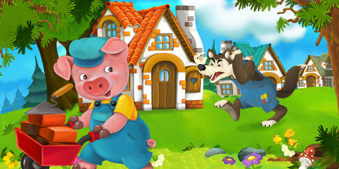 Cartoon scene pig worker near traditional village - illustration for children
