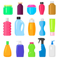 Household cleaning tidying up housework bottles packs template chemicals liquid domestic fluid cleaner template vector illustration.