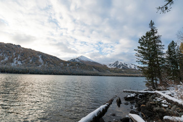 mountain lake in the Altai in winter at sunset
