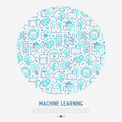 Machine learning and artificial intelligence concept in circle with thin line icons. Vector illustration for banner, web page, print media.