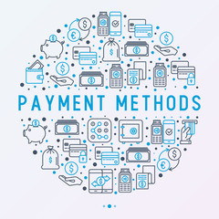 Fototapeta na wymiar Payment concept in circle with thin line icons related to credit card, money flow, saving, atm, mobile payment. Vector illustration of banner, web page, print media.