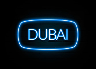 Dubai  - colorful Neon Sign on brickwall
