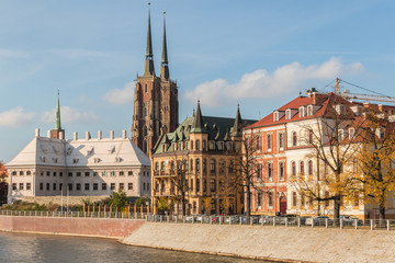 View of the historical architecture on the Cathedral Island across the Oder river in Wroclaw, Poland

