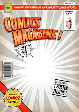Comic Book Cover Template/Illustration of a cartoon editable comic book cover template, with super hero character flying, titles and subtitles to customize, and wrong bar code and label