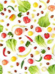 Food collage of fresh vegetables, top view. Corn, pepper, lettuce leaves, tomato isolated on white background. Abstract composition of vegetables. Concept of healthy eating. Food pattern, flat lay.