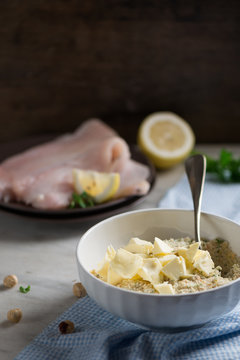 a bowl with ingredients to make a crumble