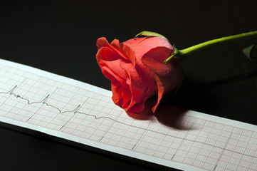 Death electrocardiogram. Cardiac arrest. ECG on the black glass background