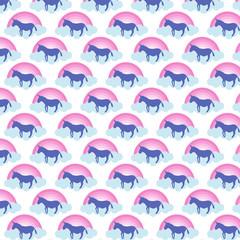 Vector pattern with cute unicorns, clouds, rainbow. Magic background with little unicorns which  can be used for design fabric, backgrounds, wrapping paper.